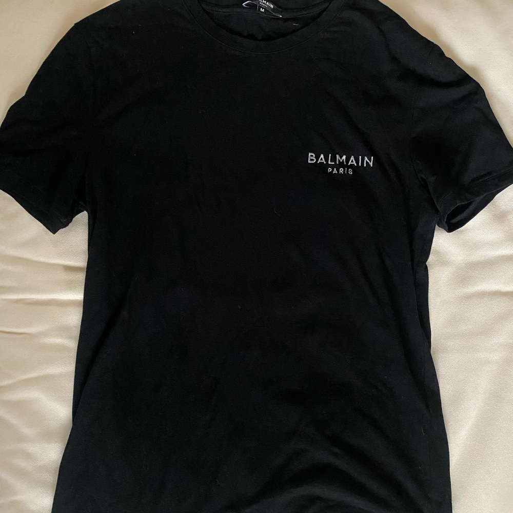 Balmain Flocked Logo Black Short Sleeve Crewneck Tee